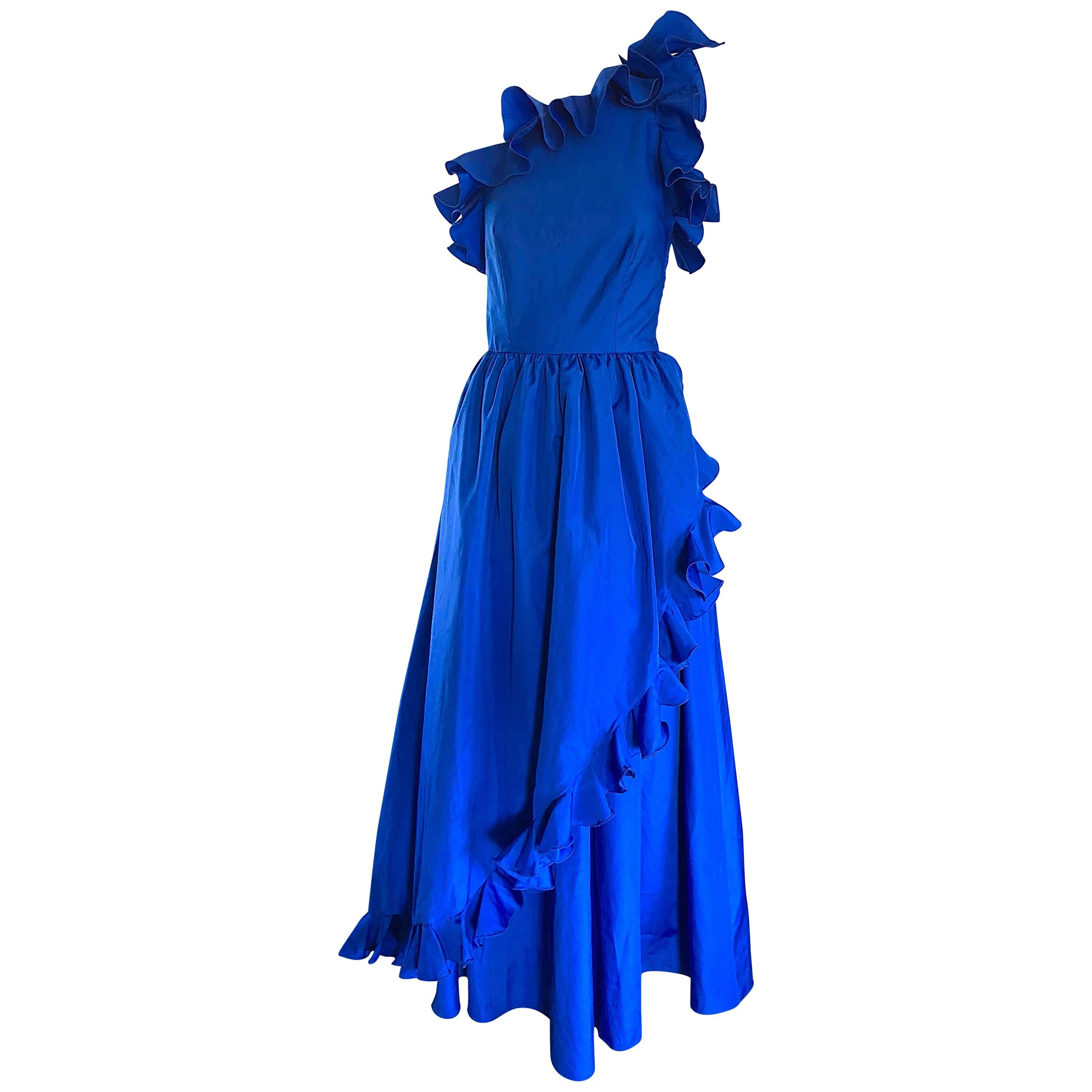 I Magnin Royal Blue One Shoulder Avant Garde Vintage Gown, 1980s For Sale