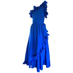 I Magnin Royal Blue One Shoulder Avant Garde Vintage Gown, 1980s