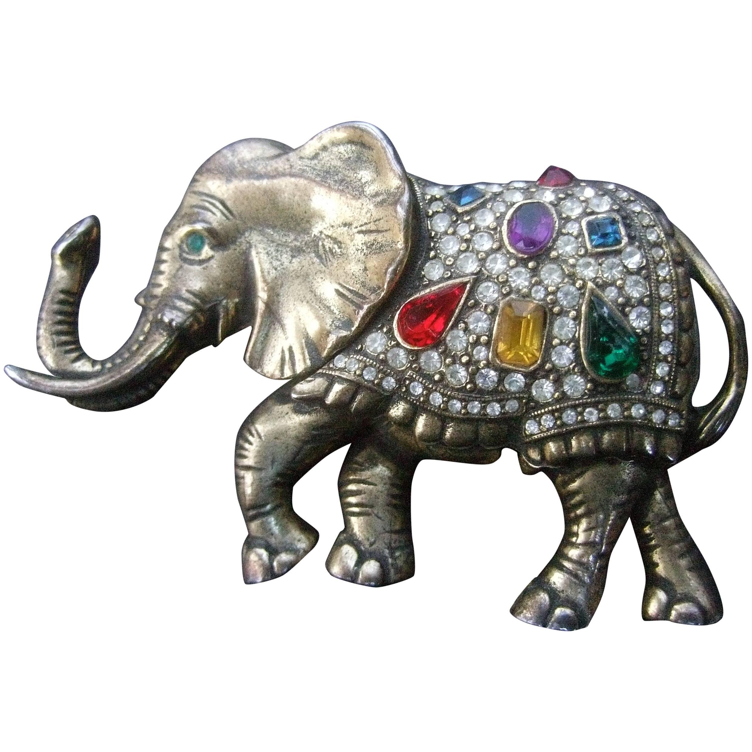 Jeweled Crystal Brass Metal Elephant Brooch circa 1970s