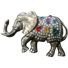 Retro Jeweled Crystal Brass Metal Elephant Brooch circa 1970s