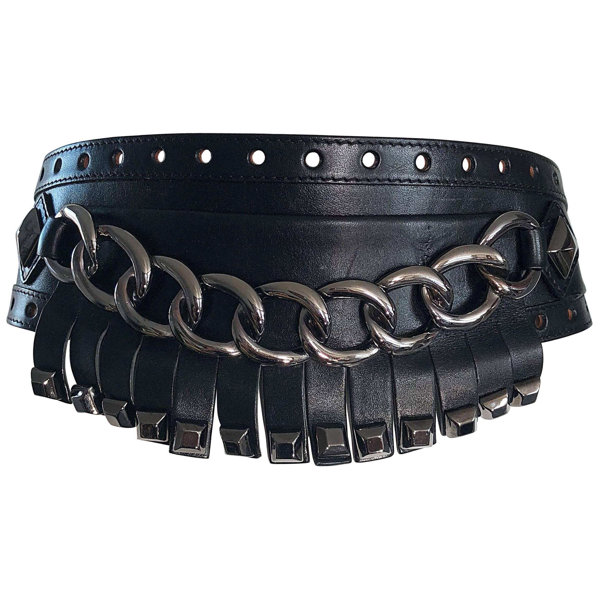 Michael Kors Collection Black and Gunmetal Chain Link Wide Leather Belt