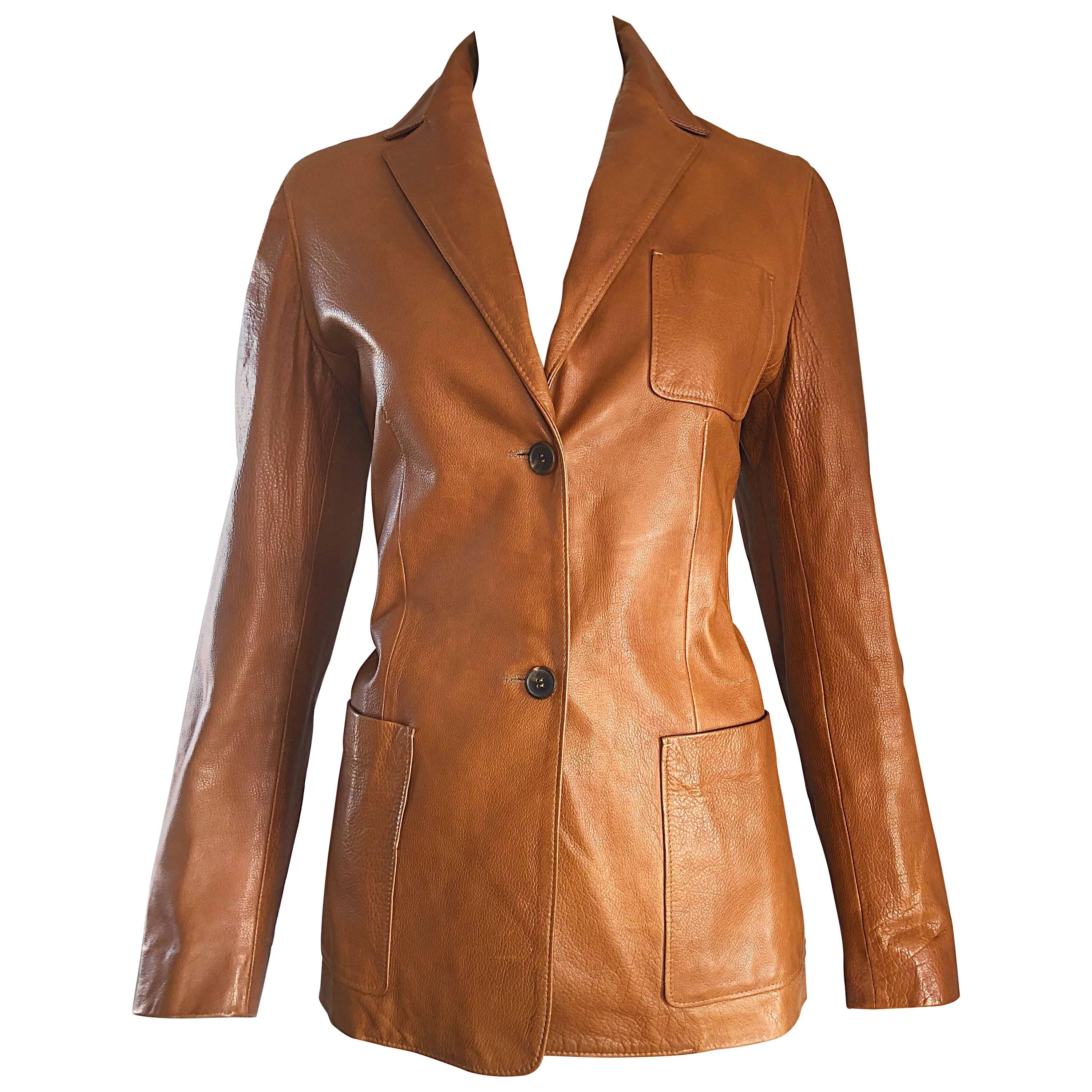 Jil Sander Camel Tan Brown Leather Size 38 Vintage Fitted Blazer Jacket, 1990s