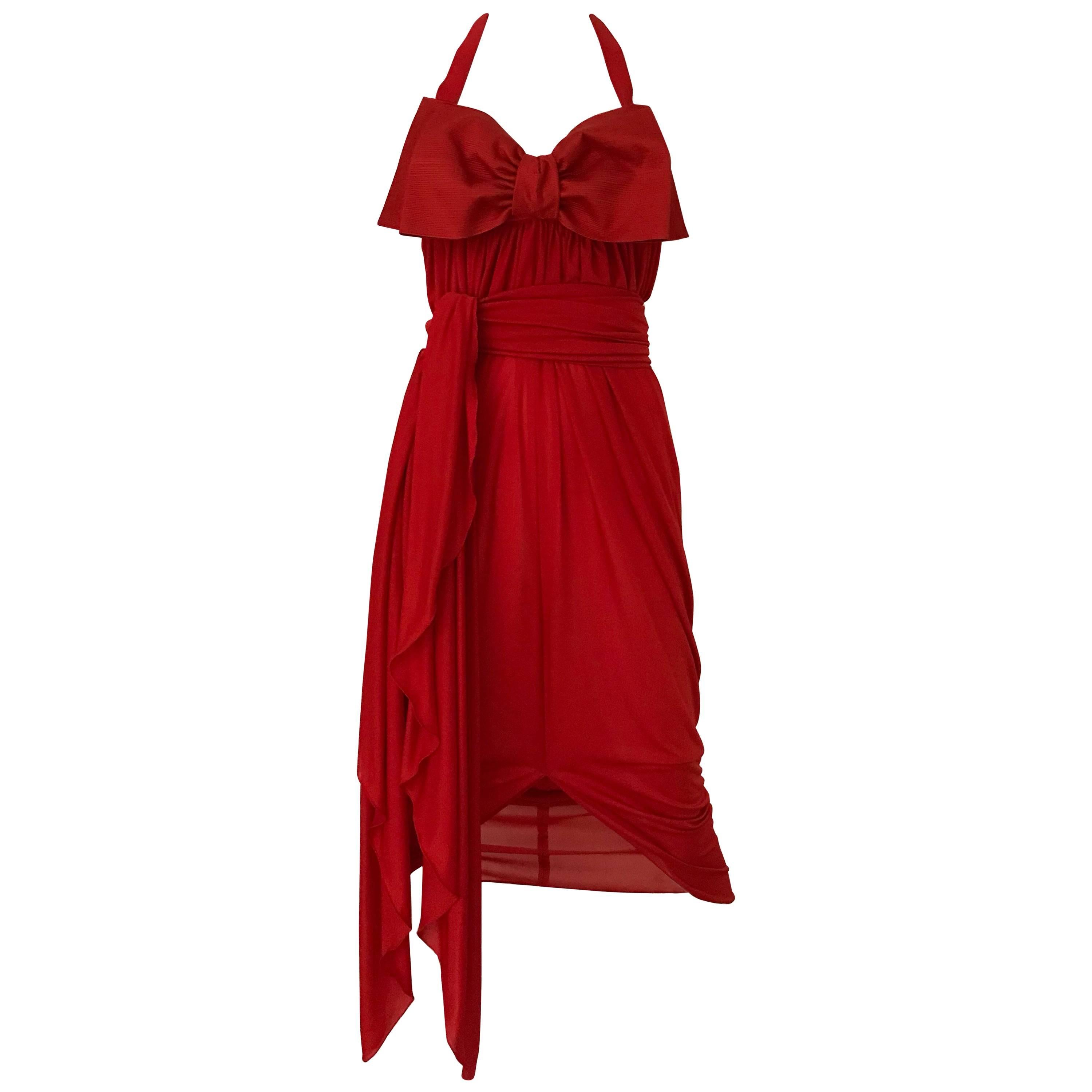 1990s Hall Ludlow Red Jersey Vintage Halter Dress with Shawl