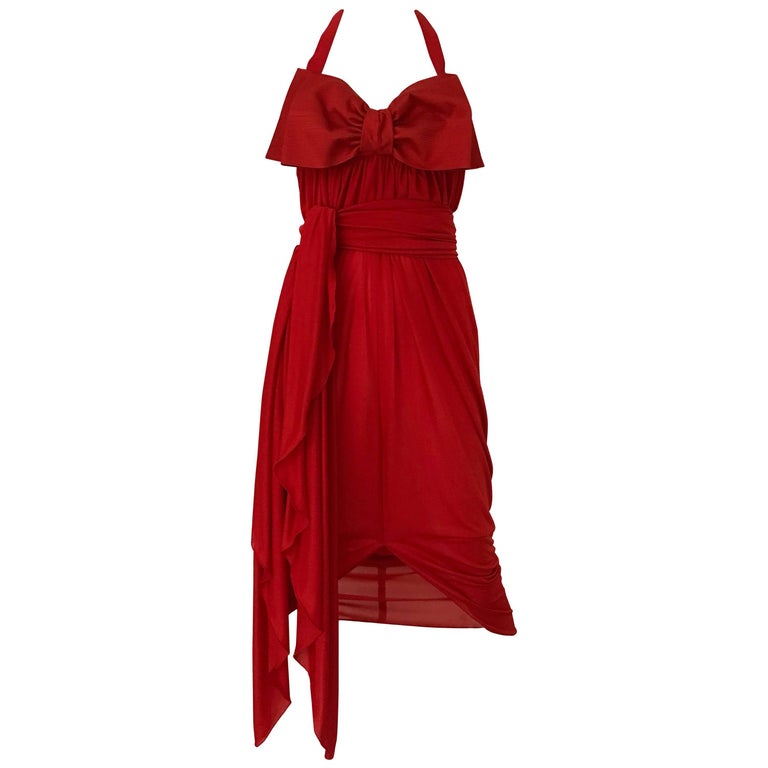 Red Jersey Vintage Halter Dress with Shawl For Sale at 1stdibs