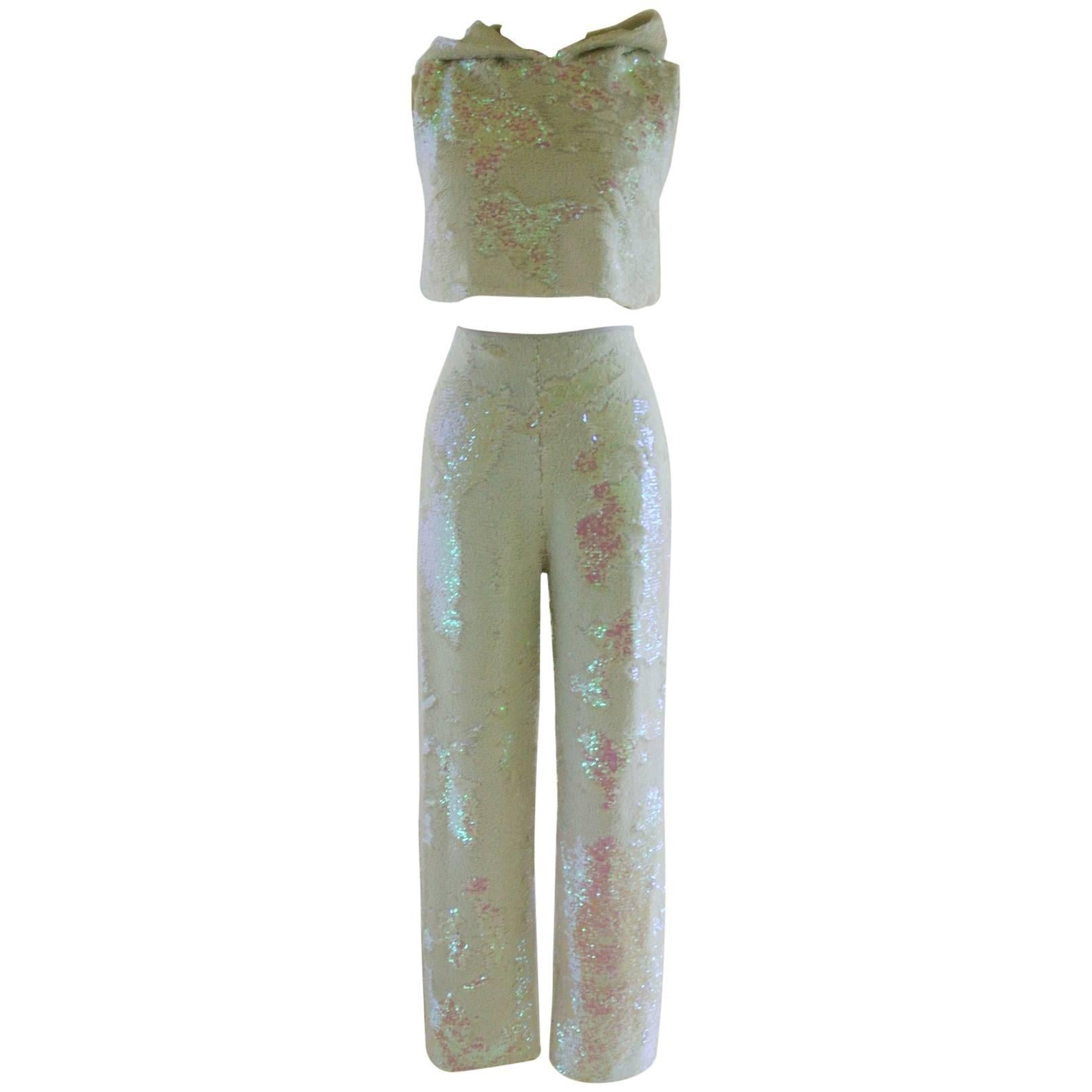 Lorry Newhouse White Sequin Pants and Crop Top For Sale