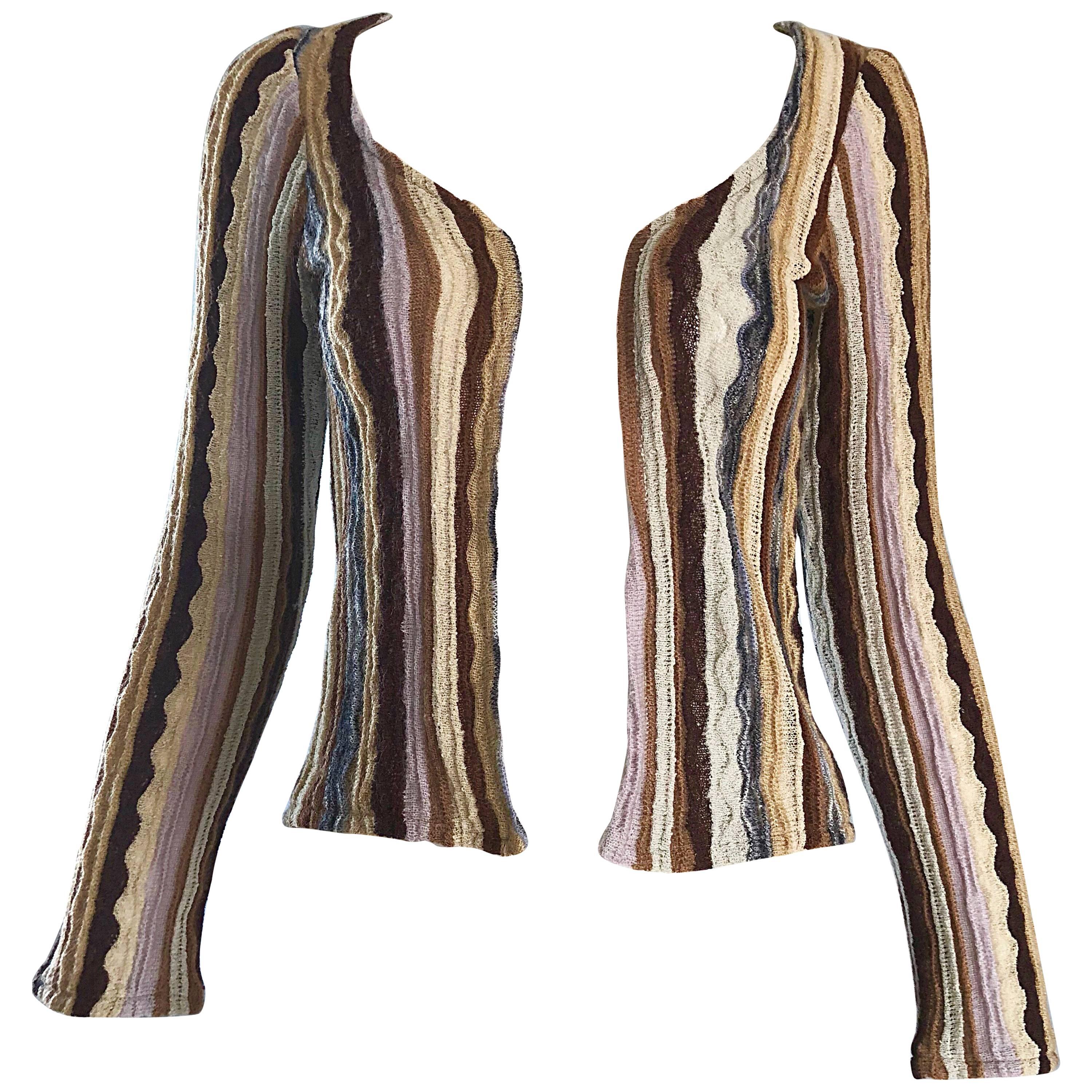 Missoni Vintage Pink Brown Ivory Striped Open Front Cardigan Sweater, 1970s