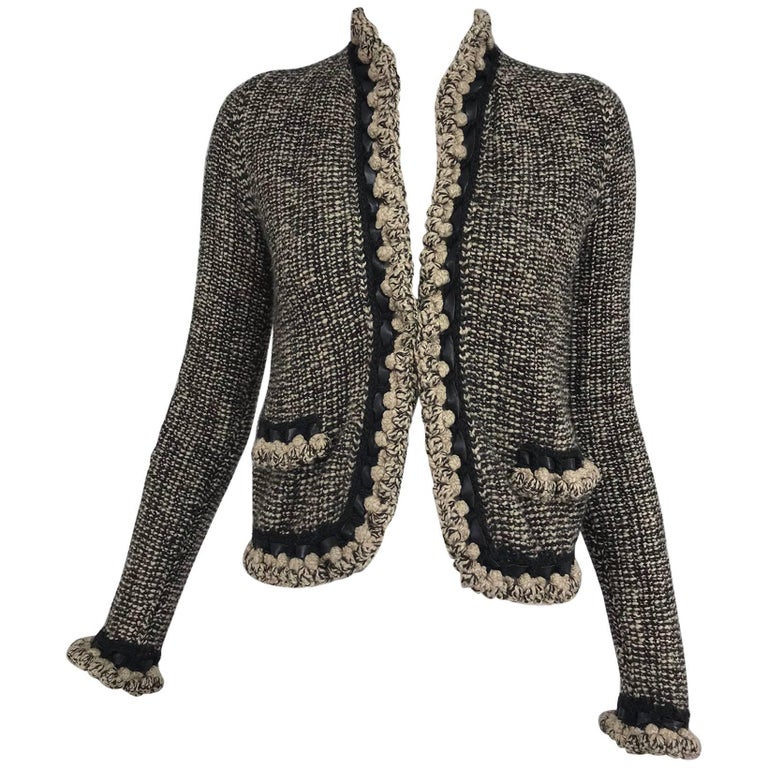 Chanel black and cream cropped leather trimmed jacket 2001A at 1stDibs
