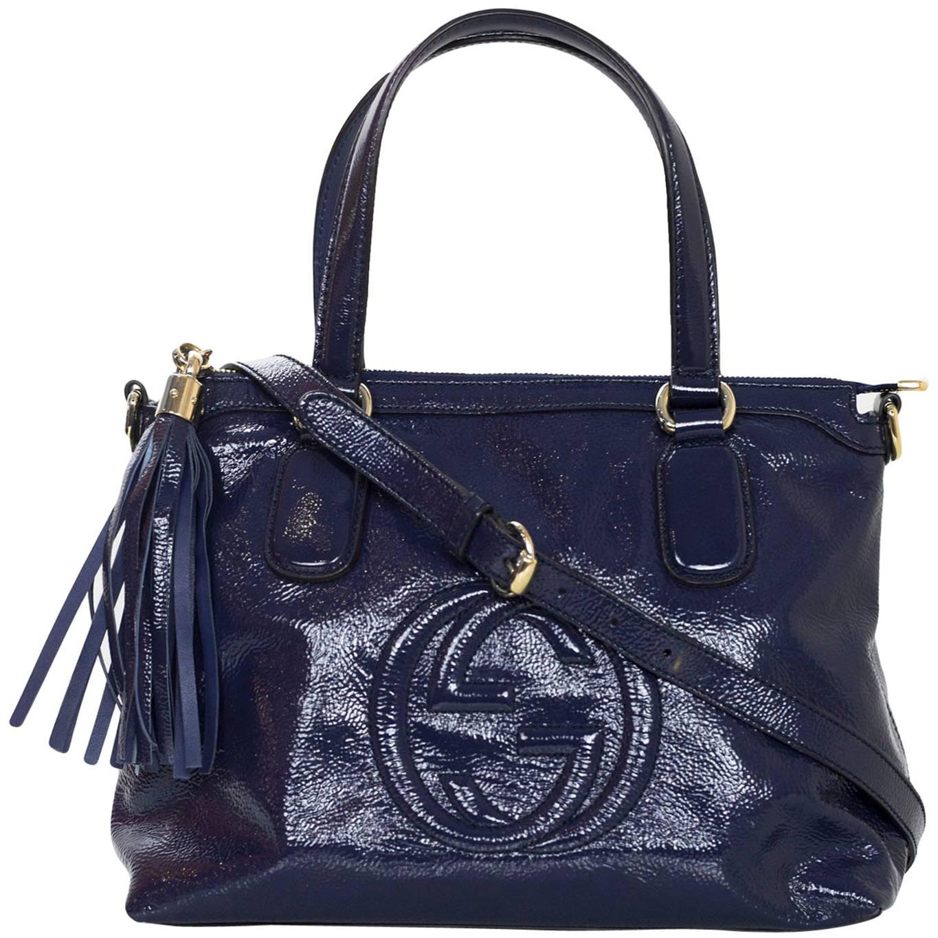 Gucci Navy Soft Patent Leather Soho Satchel Bag with Strap