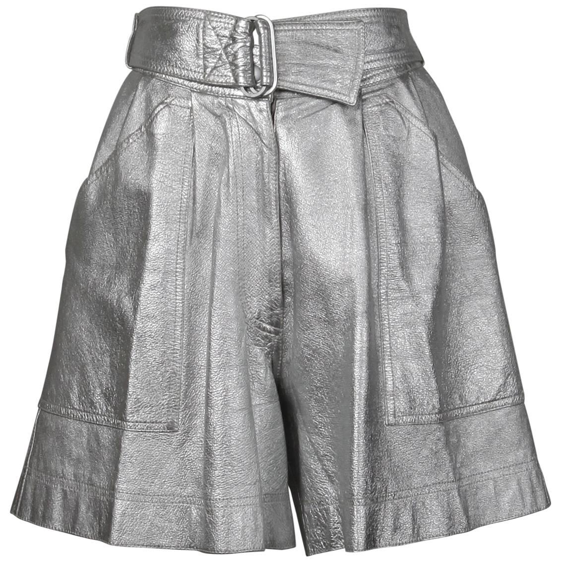 Krizia Vintage High Waist Metallic Silver Leather Shorts with Attached Belt