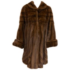 Brown Mink Gathered Swing Coat With Shawl Collar and Bell Sleeves 