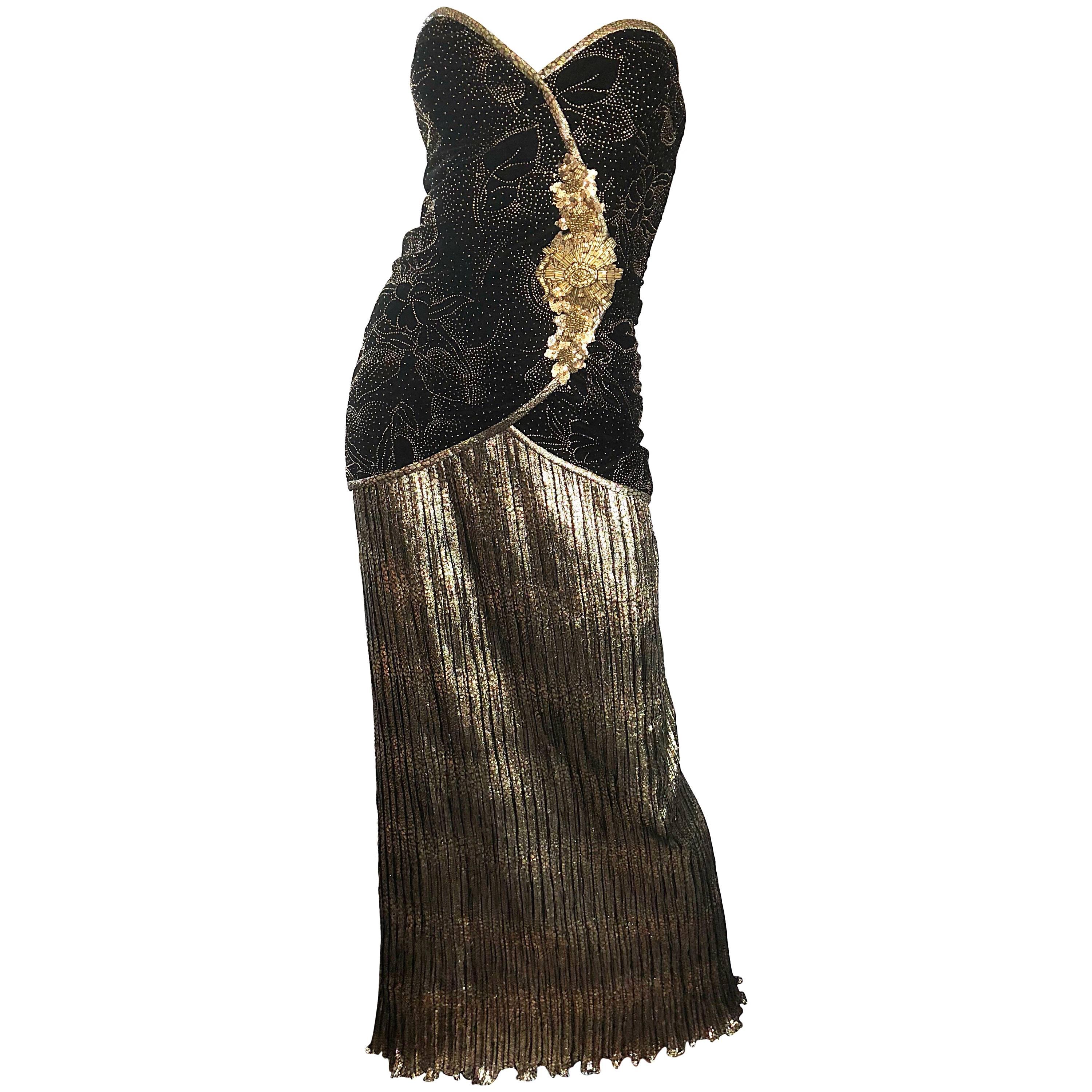 1980s Black + Gold Silk Velvet Plisse Strapless Beaded A.J. Bari Vintage Gown For Sale