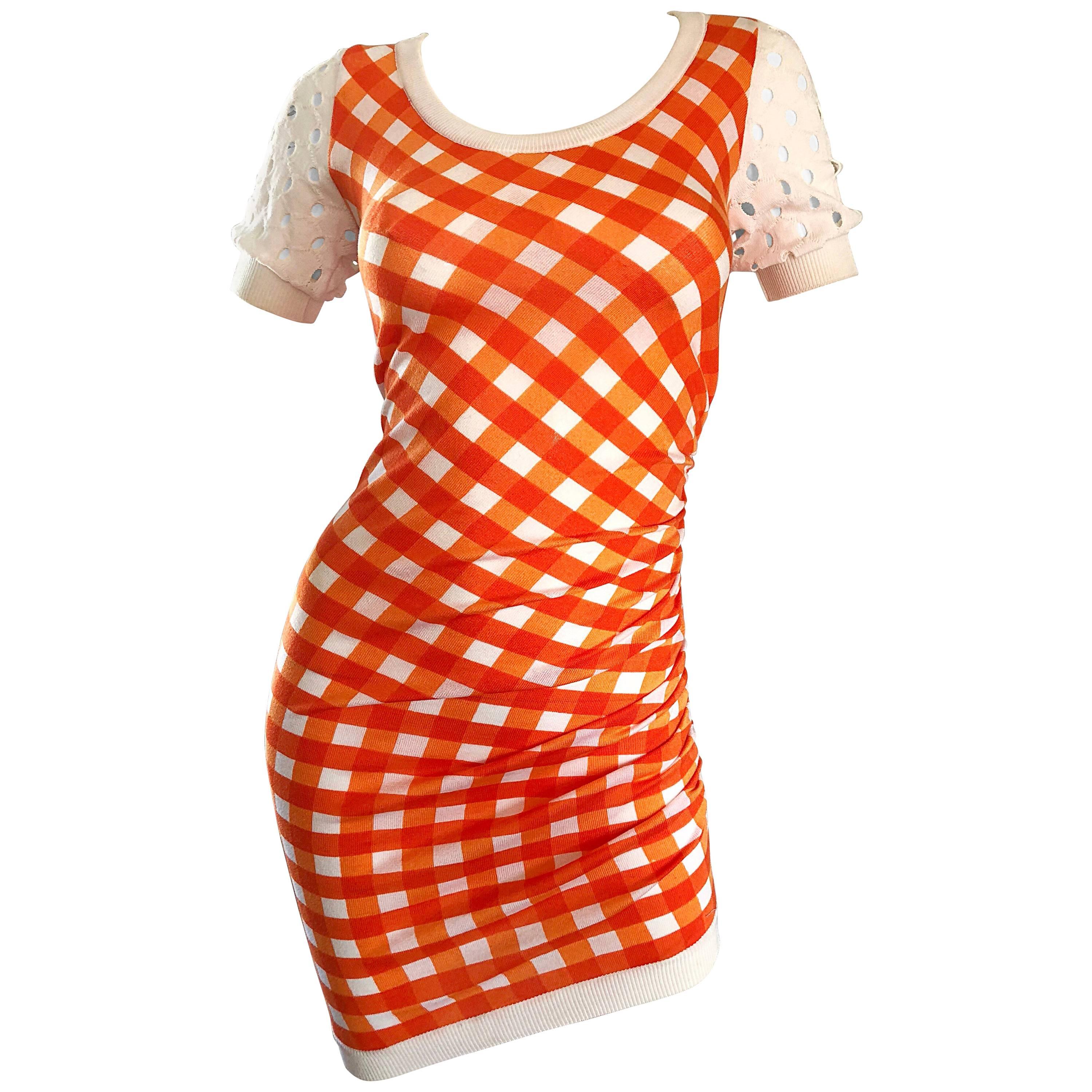 Vintage Moschino Cheap & Chic 1990s Orange + White Gingham Bodycon 90s Dress