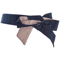 Early 2000s Marni Charcoal Grey Virgin Wool + Khaki Cotton Bow Waist Belt