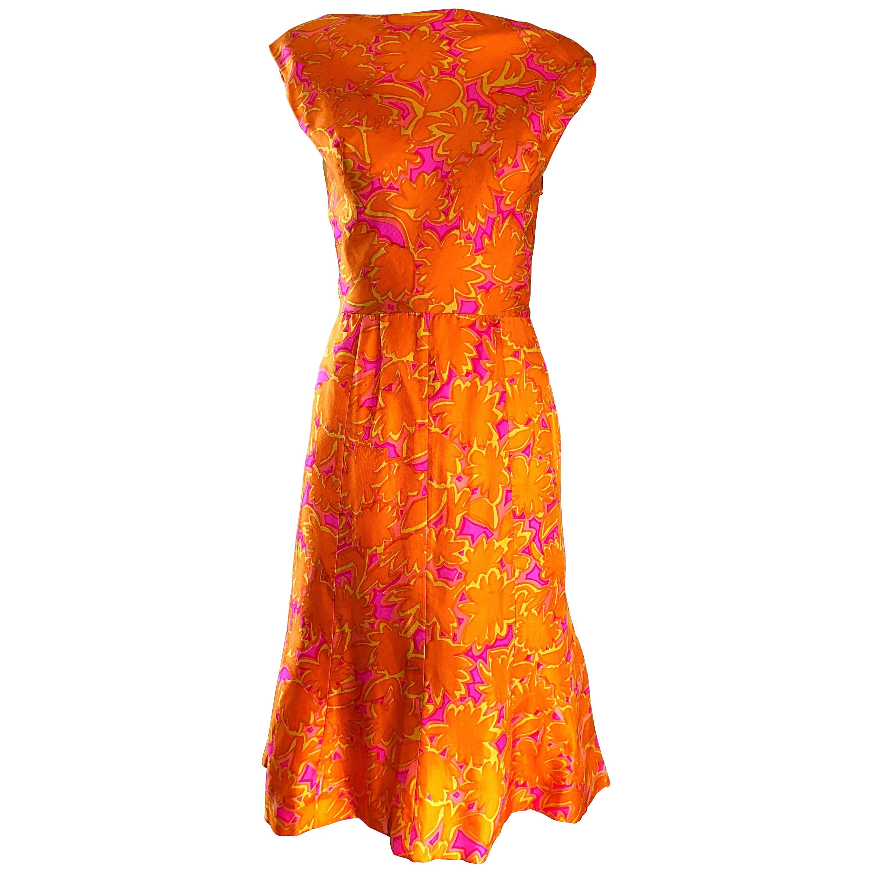Early 1960s Neon Orange + Hot Pink Silk Boat Neck Draped Back A Line 60s Dress