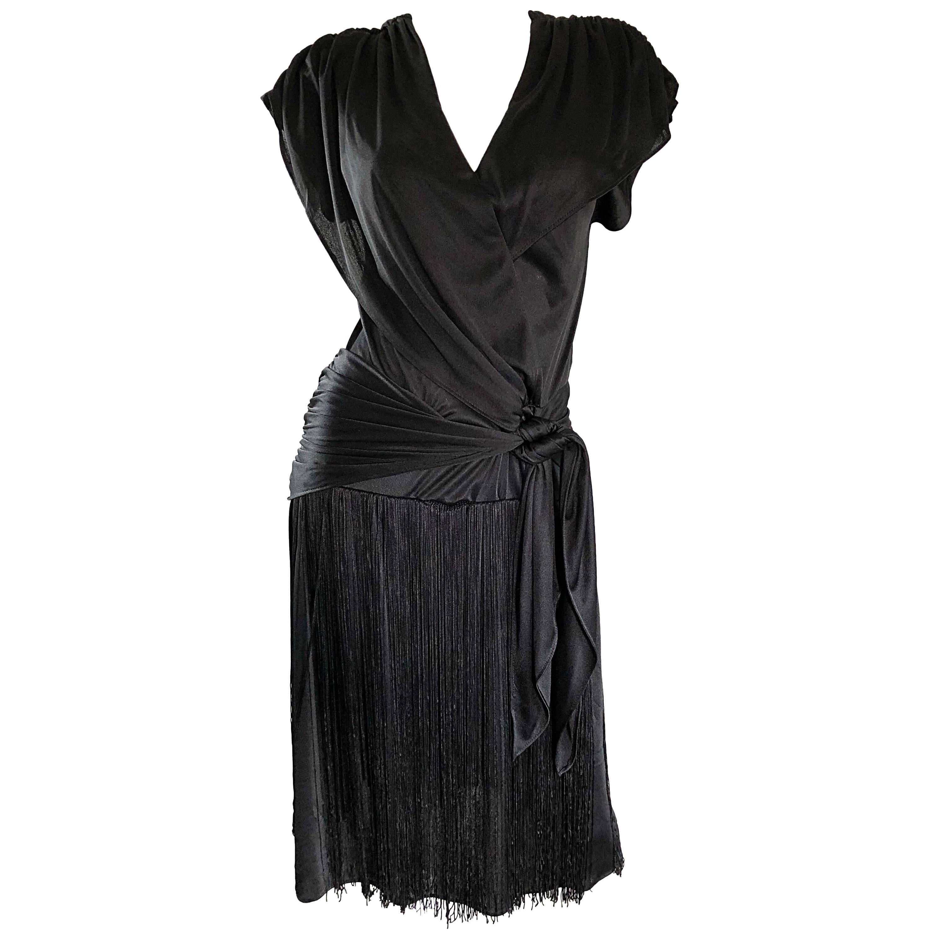 Amazing 1920s Flapper Style Black Jersey Fringe Vintage Disco Dress, 1970s 