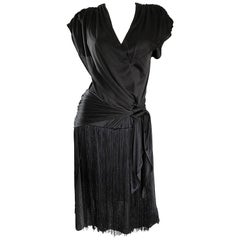 Amazing 1920s Flapper Style Black Jersey Fringe Retro Disco Dress, 1970s 