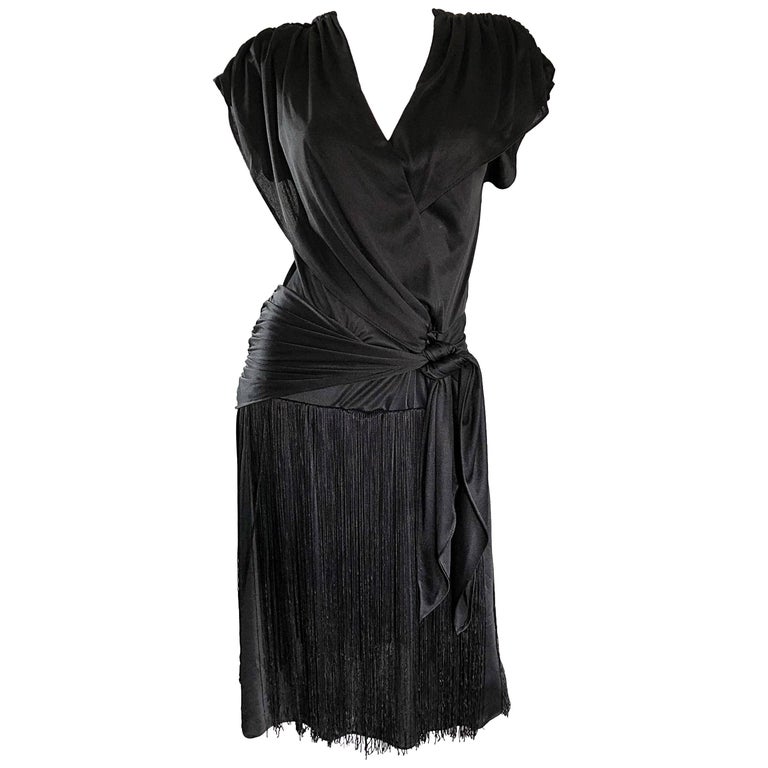Amazing 1920s Flapper Style Black Jersey Fringe Vintage Disco Dress ...