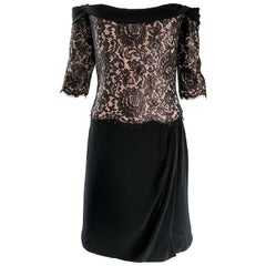 Vintage Bob Mackie Size 12 Black + Nude Lace Crepe Off - Shoulder 1990s Dress