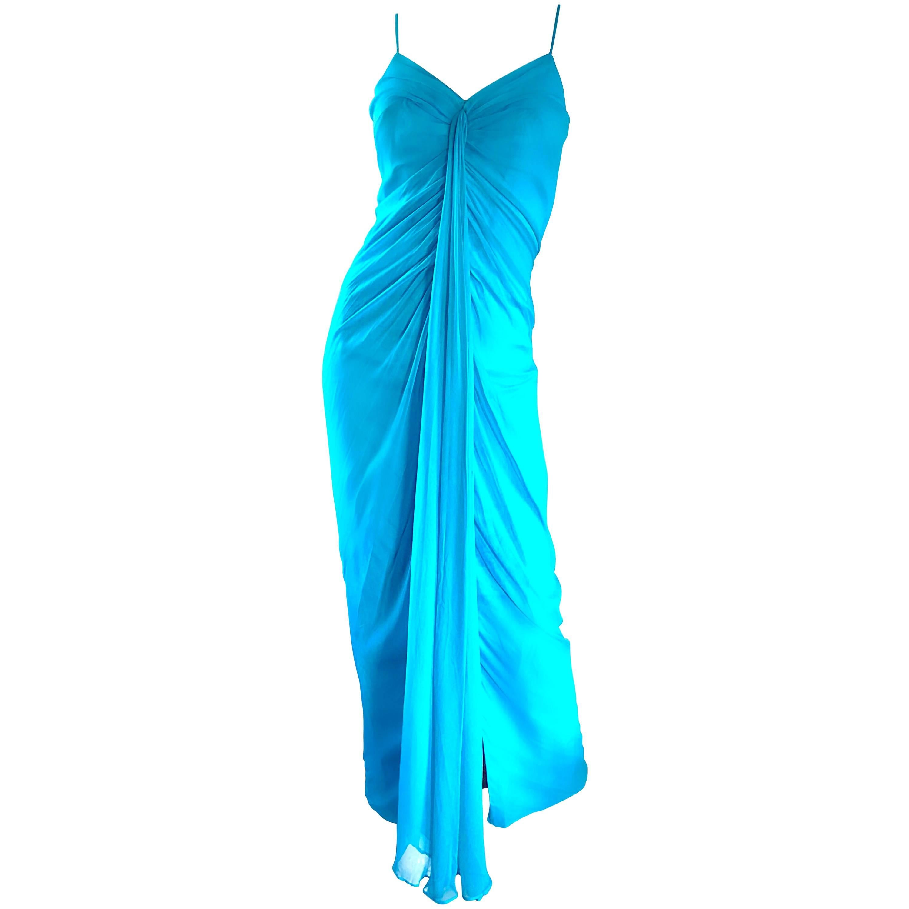 1970s Lilli Diamond Turquoise Blue Silk Chiffon Grecian Style 70s Evening Gown