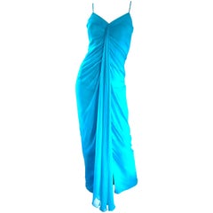 Vintage 1970s Lilli Diamond Turquoise Blue Silk Chiffon Grecian Style 70s Evening Gown