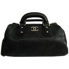Chanel Black Leather Silver Top Handle Satchel Boston Doctor Hand Bag