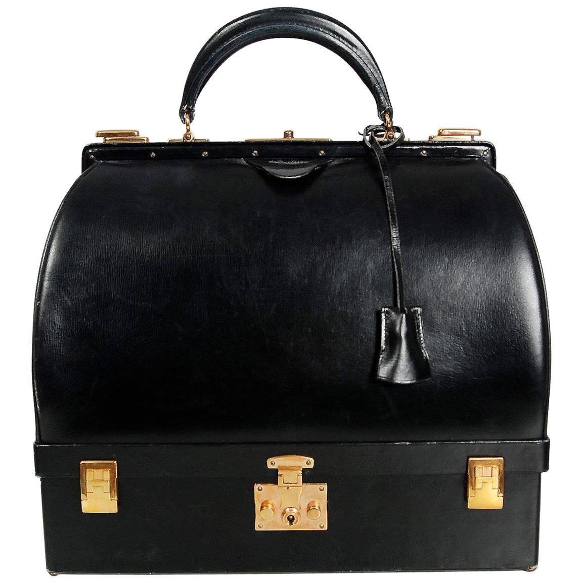 Hermes Paris Rare Black Leather Sac Mallette Two Tier Travel Case Handbag, 1970s