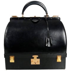 Hermes Paris Rare Black Leather Sac Mallette Two Tier Travel Case Handbag, 1970s