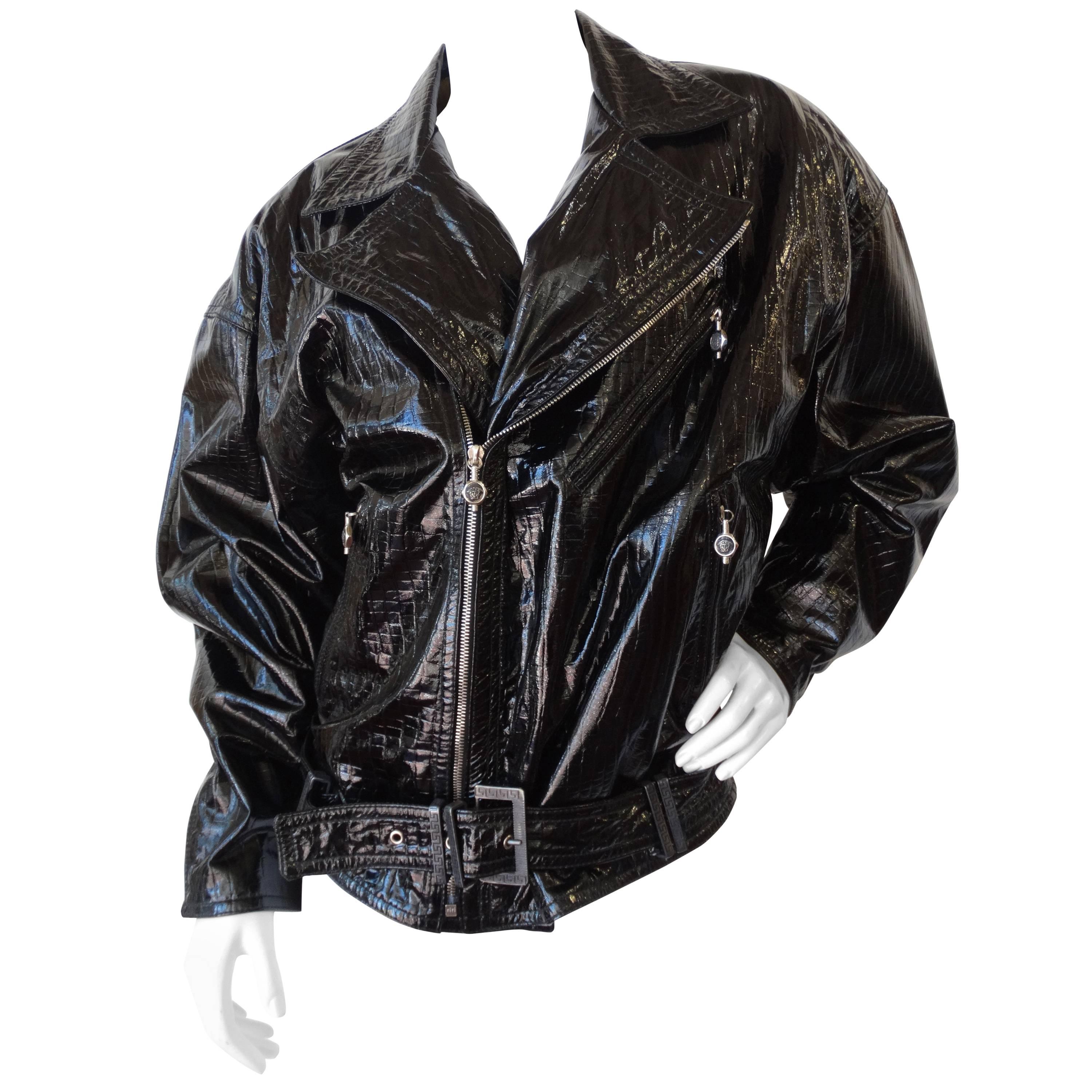 Versace Y2K Denim Printed Leather Biker Jacket For Sale at 1stDibs