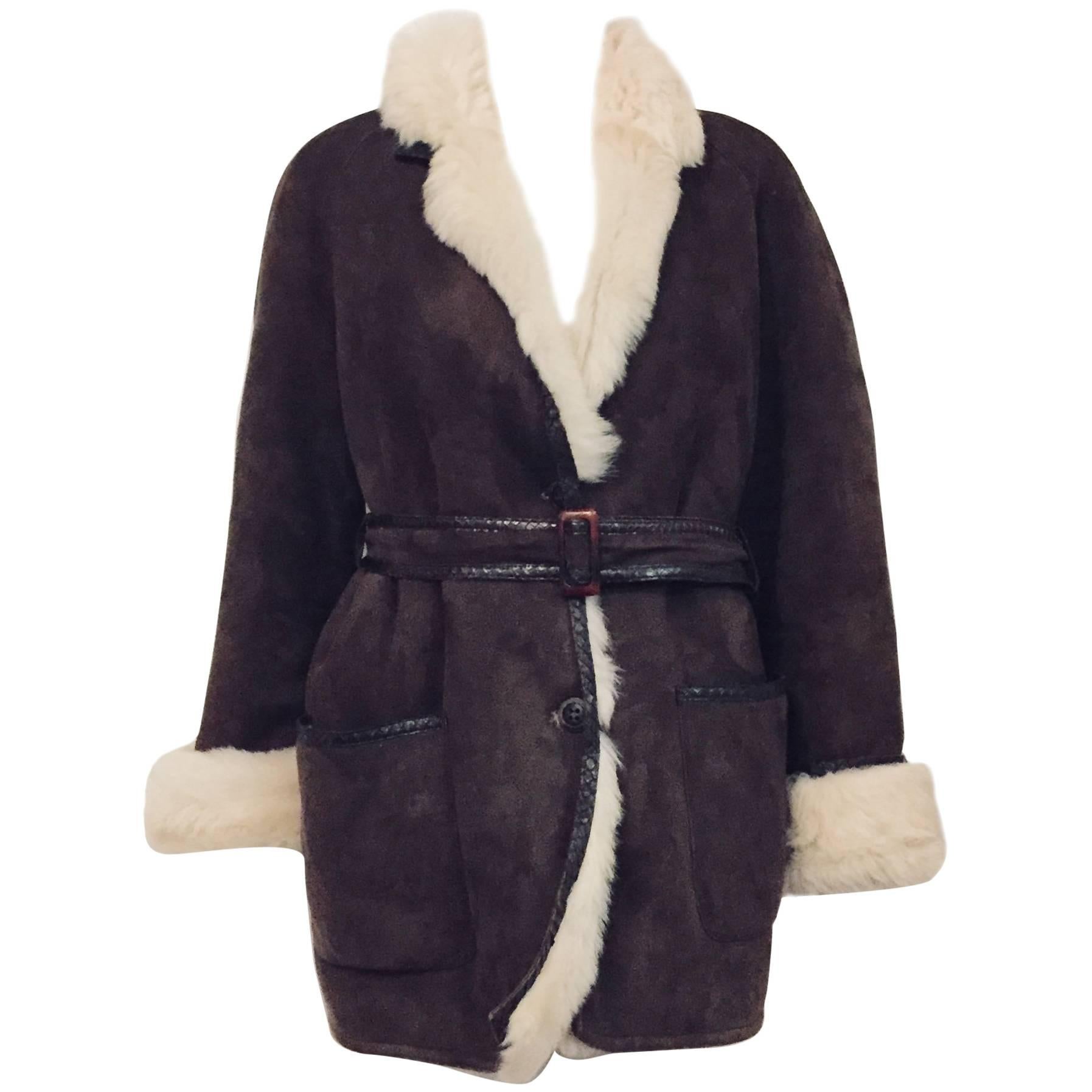 Italian Chocolate Shearling Coat with Belt and Python Trim