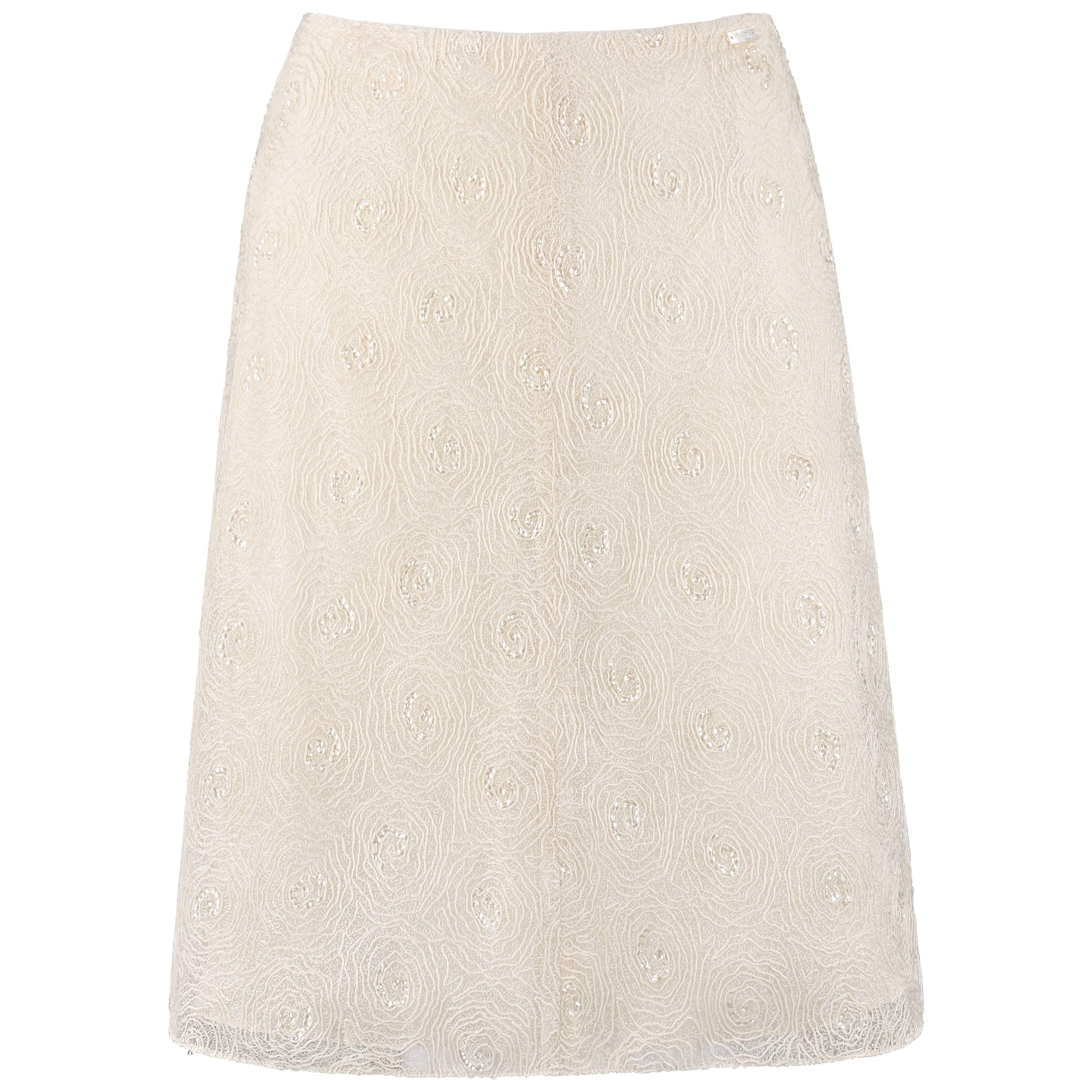 CHANEL S/S 2002 Cream Floral Embroidered Sequin Embellished Skirt 