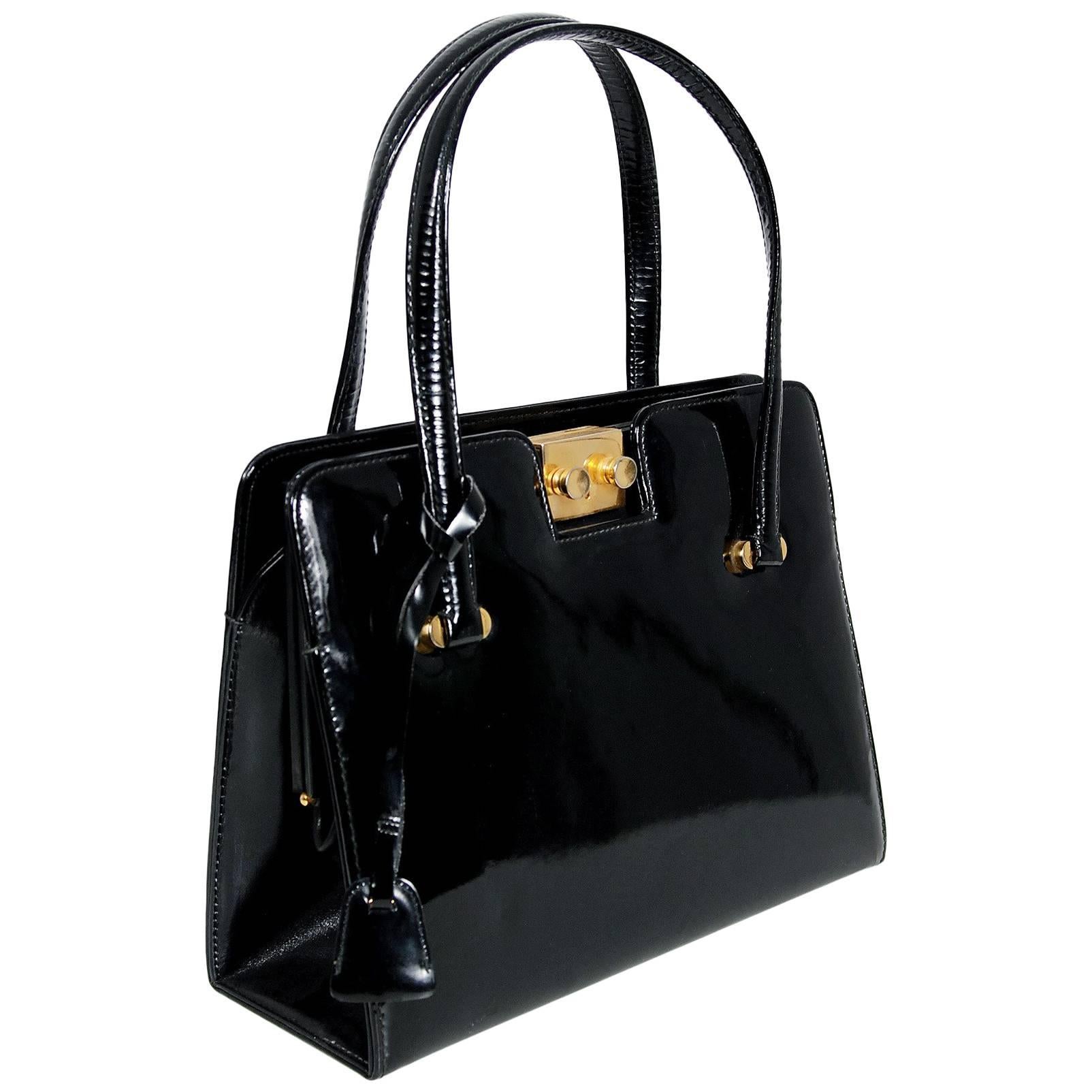 1960's Gucci Rare Black Patent Leather Lock and Key Structured Handbag Purse