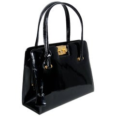 1960's Gucci Rare Black Patent Leather Lock and Key Structured Handbag Purse