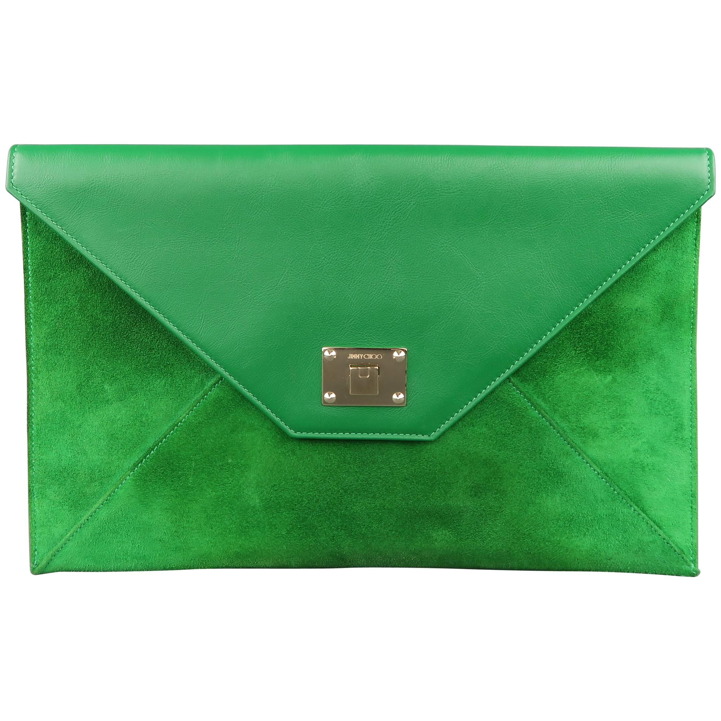 Jimmy Choo Green Leather and Suede Rosetta Envelope Clutch