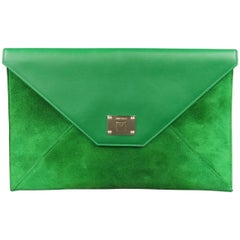 Jimmy Choo Green Leather and Suede Rosetta Envelope Clutch