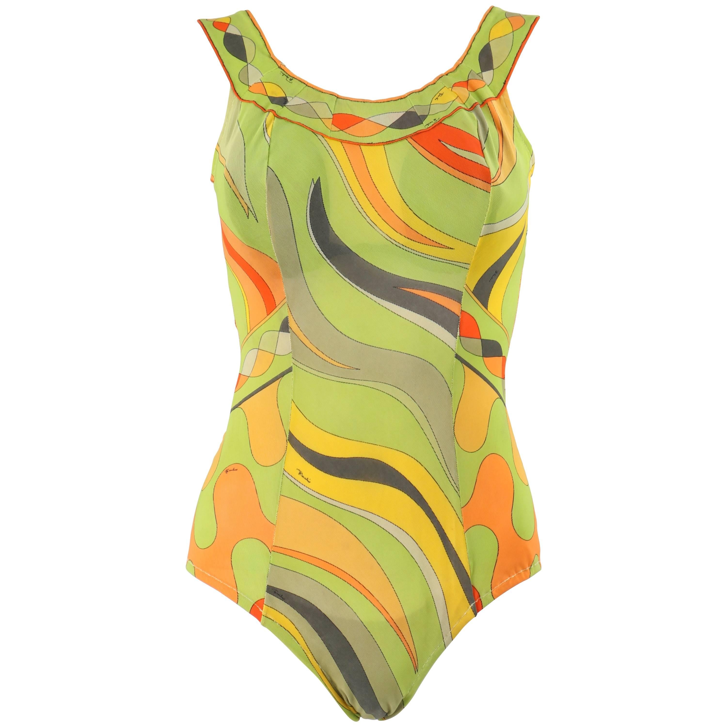 EMILIO PUCCI c.1960's Op Art Signature Print One Piece Bodysuit Bathing Swimsuit For Sale