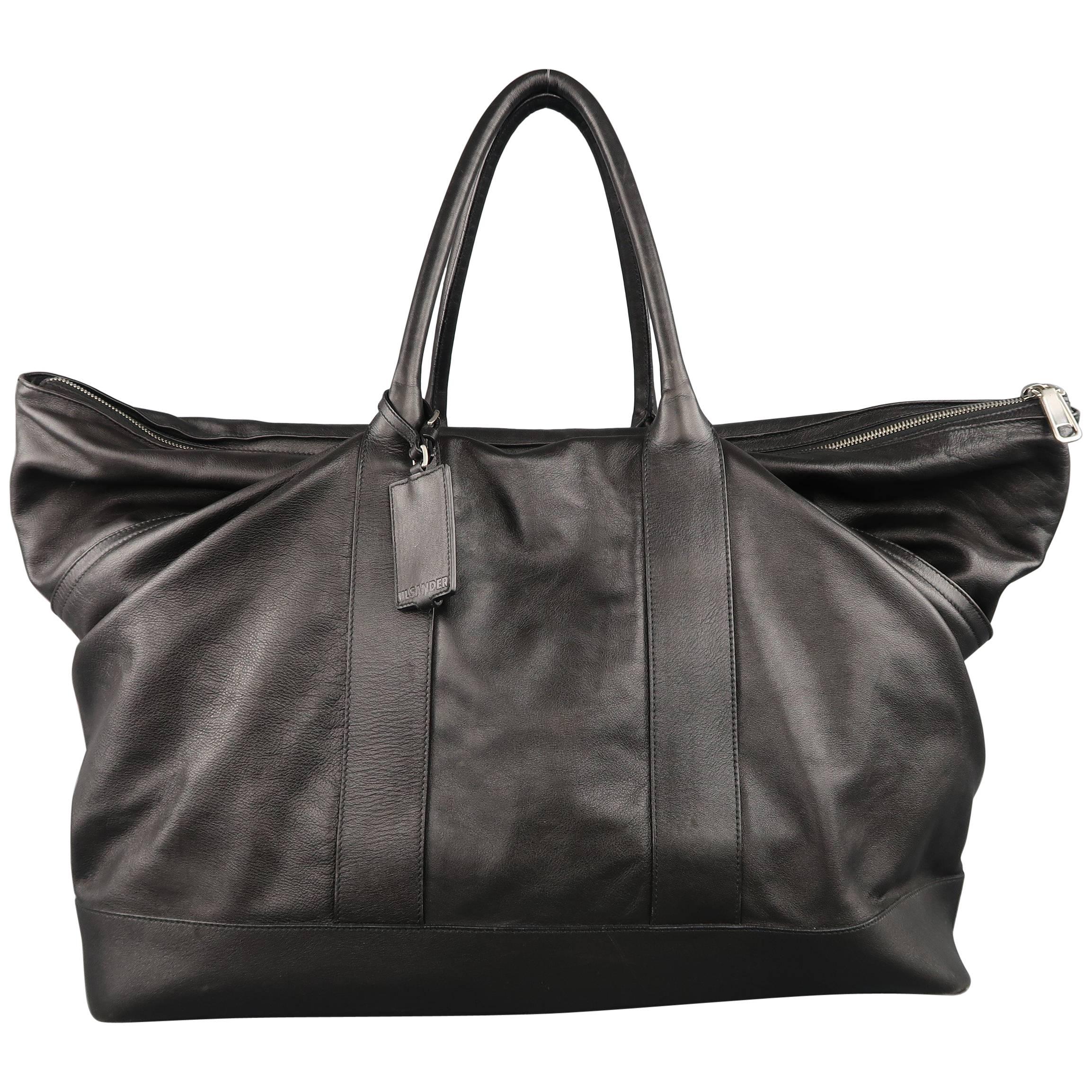 JIL SANDER Black Leather Expandable Weekender Travel Bag