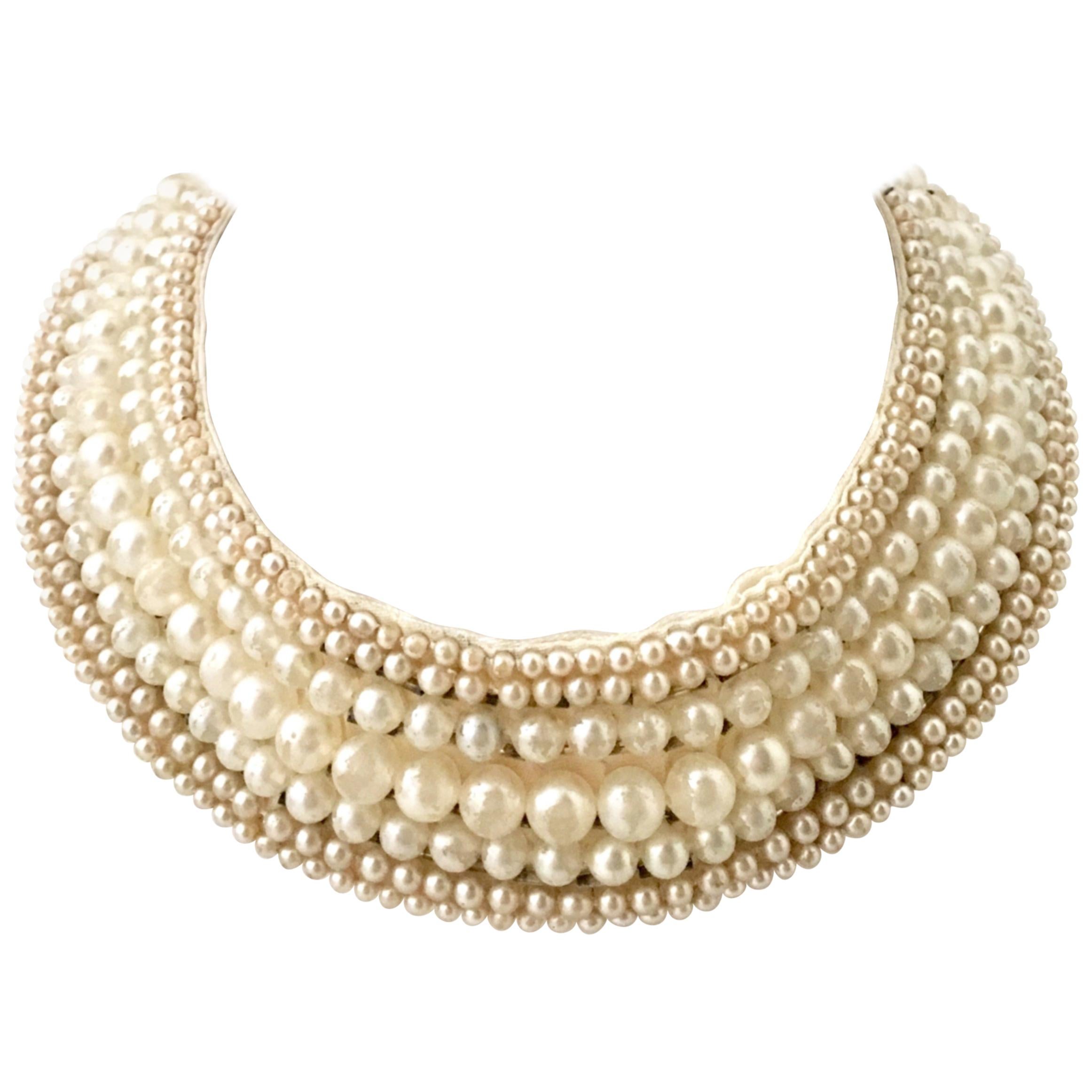 Mid-Century Japanese Faux Pearl & Crystal Rhinestone Choker Collar Necklace For Sale