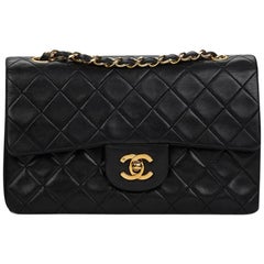 Chanel Black Quilted Lambskin Vintage Small Classic Double Flap Bag 