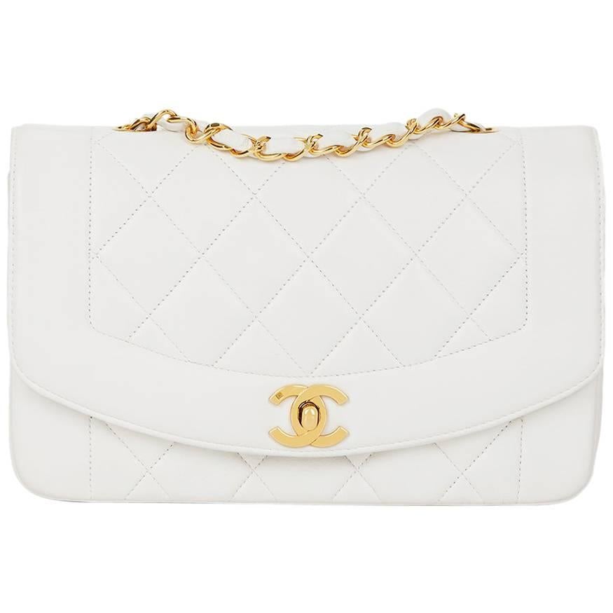 Chanel White Quilted Lambskin Vintage Small Diana Classic Single Flap Bag