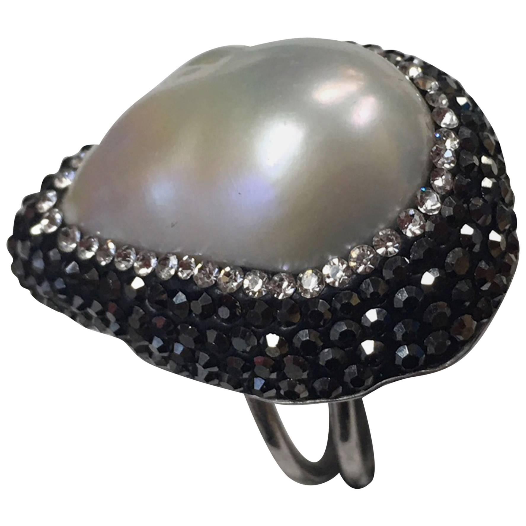 Luscious Teardrop Mobe Pearl and Faux Diamond Sterling Silver Cocktail Ring 