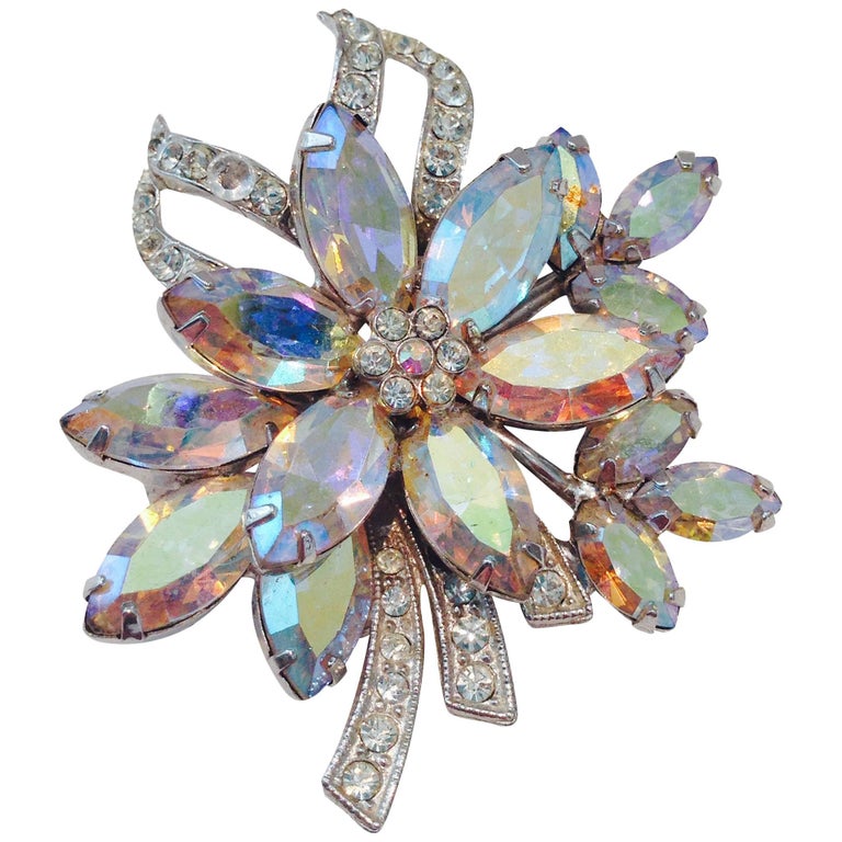 1960'S Austrian Crystal Rhinestone Silver Flower Brooch By, Weiss For ...