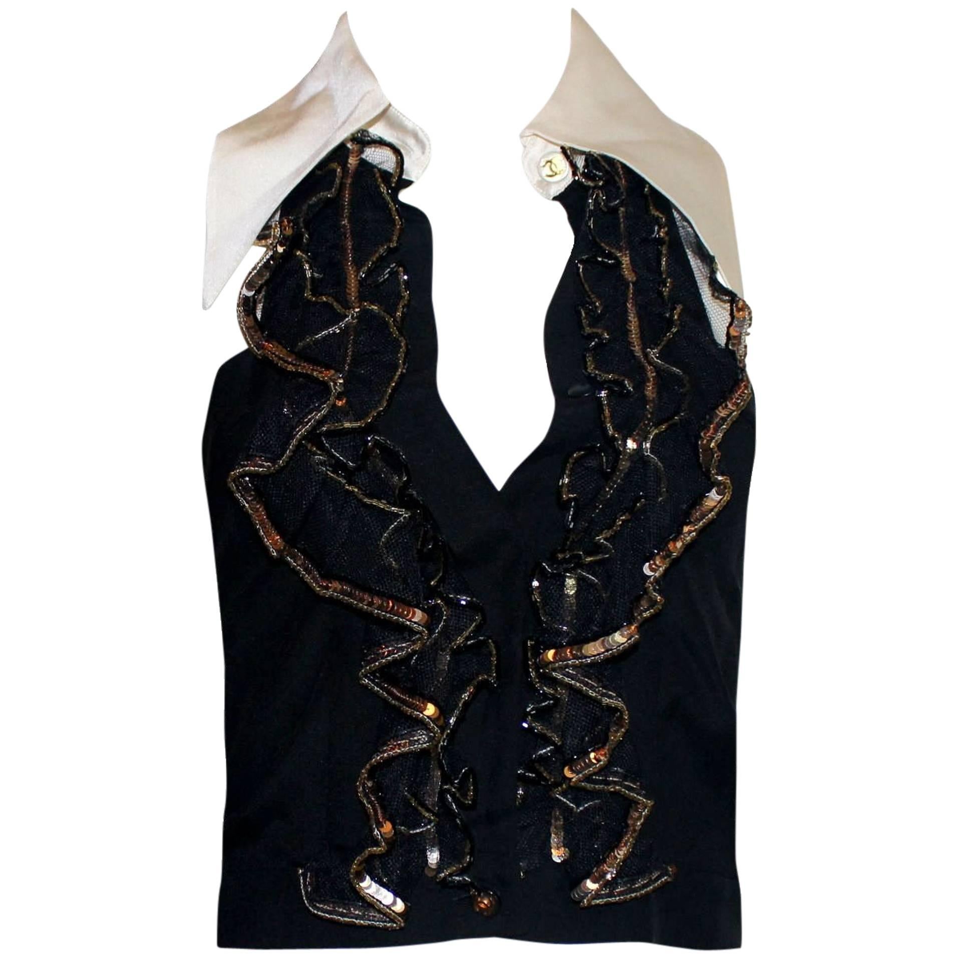 Chanel Signature Silk & Sequins CC Buttons Logo Blouse Top