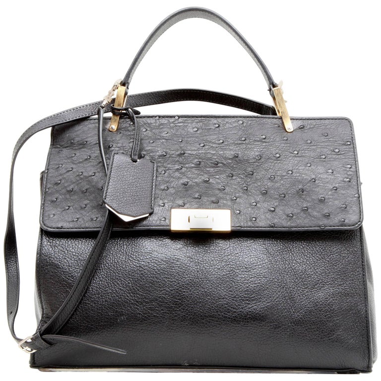 BALENCIAGA 'Le Dix' Bag in Shiny Black Grained Leather and Ostrich at ...