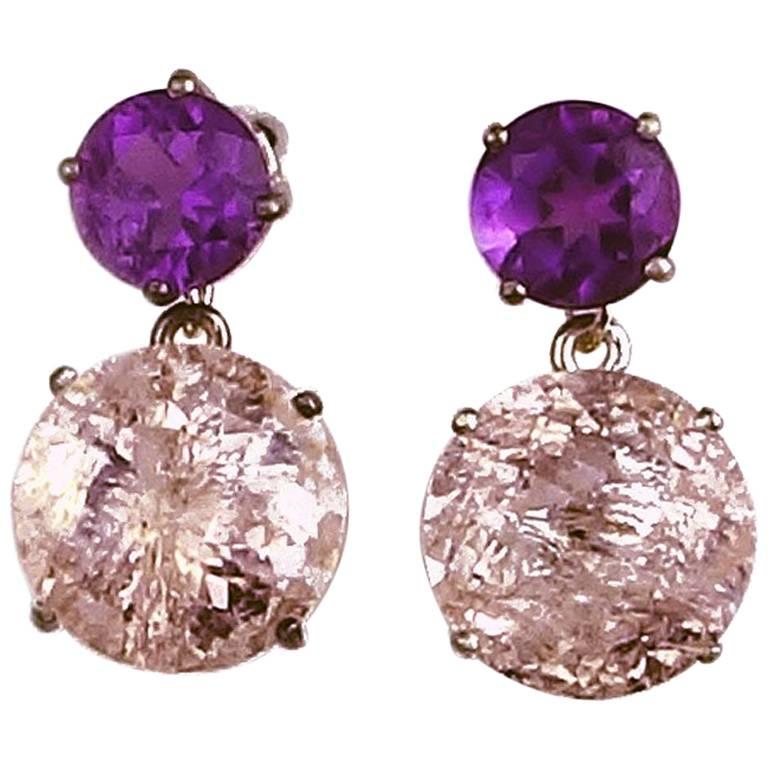 19.96 Carats of Amethysts and Morganite Dangling Sterling Silver Stud Earrings