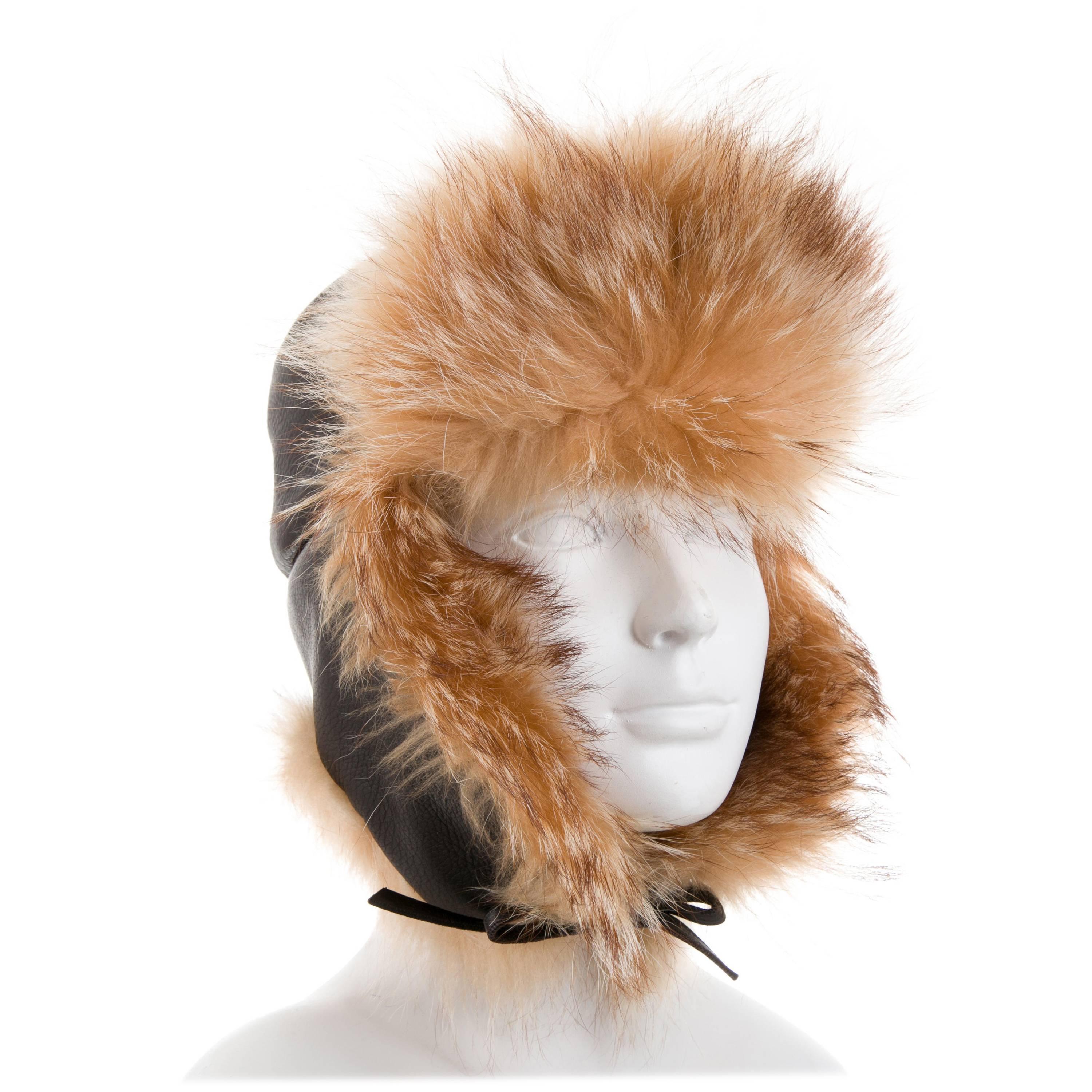 Hermes New Leather Cognac Fur Russian Style Men's Women's Winter Flap Hat in Box