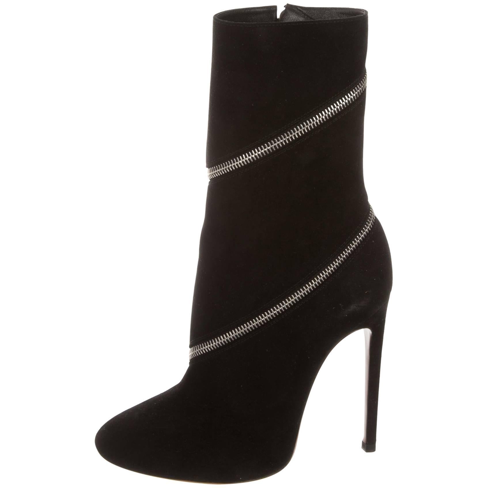 Alaia New Black Suede Silver Zip Around Evening Ankle Boots Heels in Box