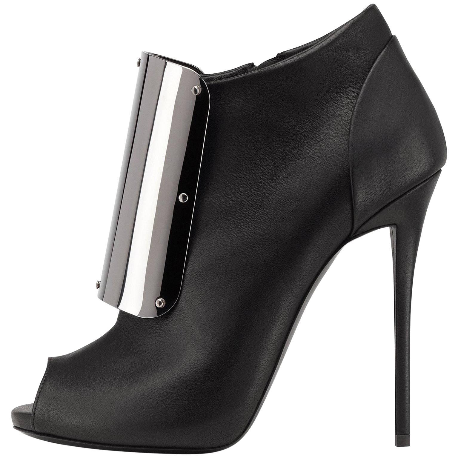 Giuseppe Zanotti New Black Leather Silver Metal Ankle Boots Heels in Box