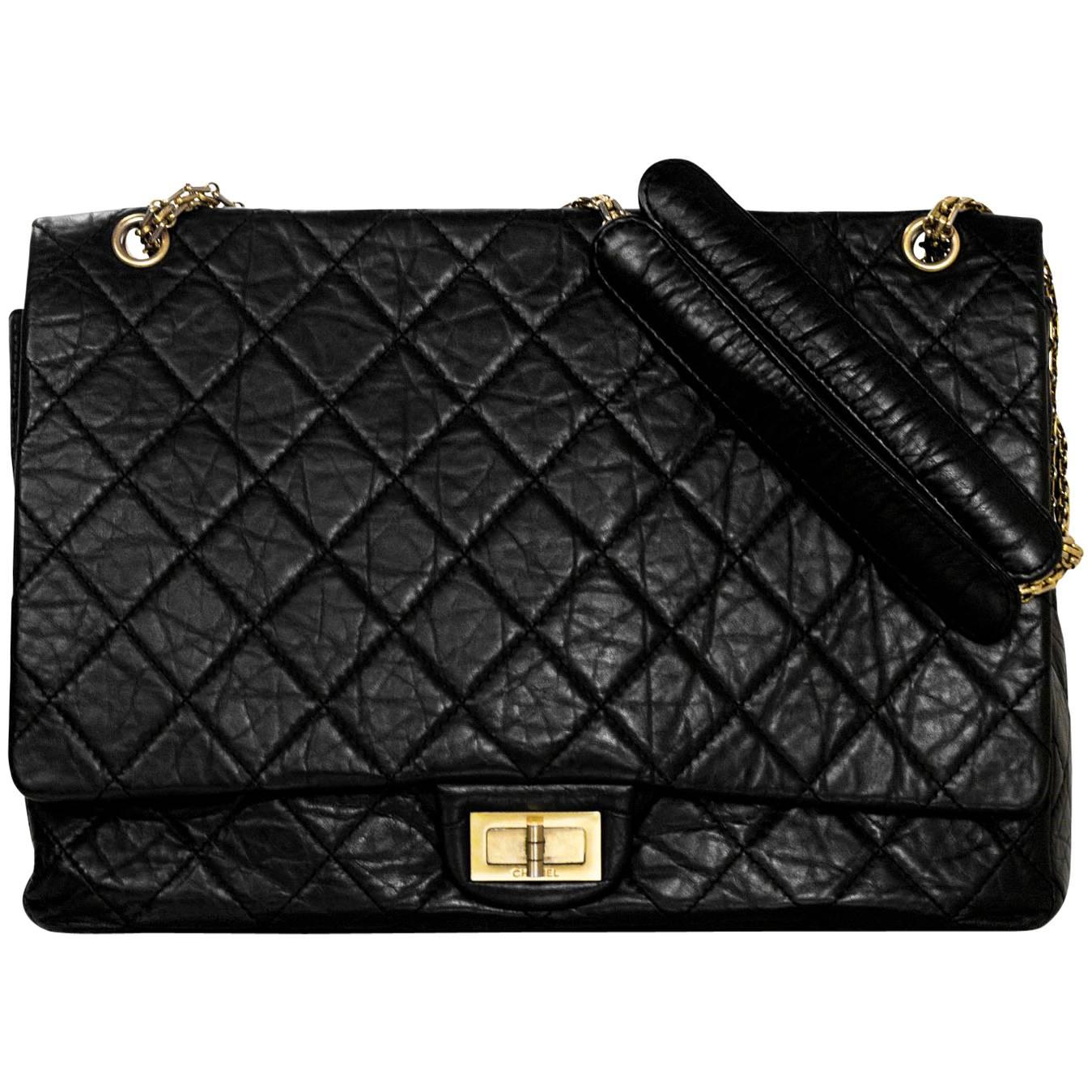 Chanel Black Distressed Calfskin Leather XL Reissue 2.55 Quilted Flap Bag