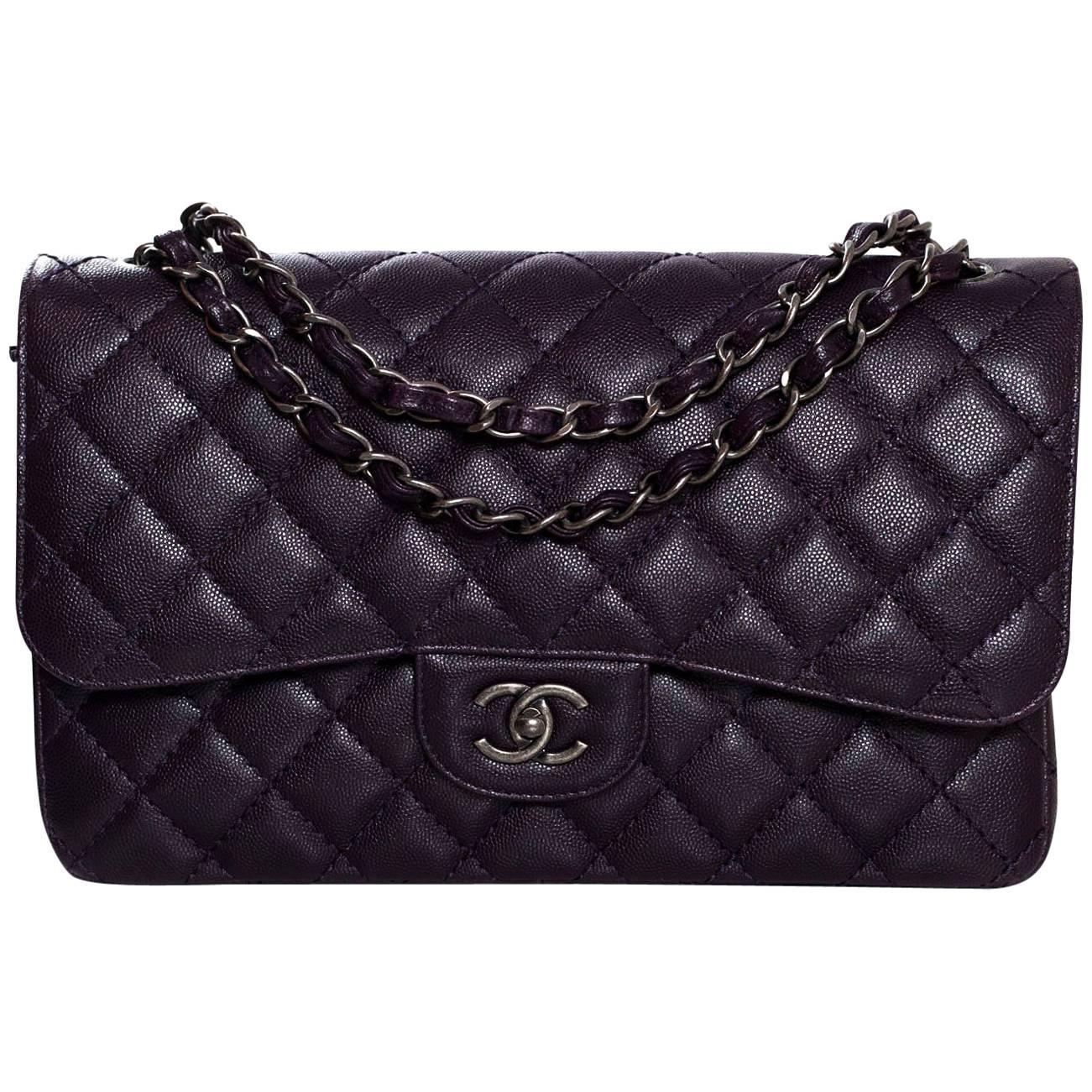 Chanel 2016 Dark Purple Quilted Caviar Jumbo Classic Double Flap Bag w/ Box