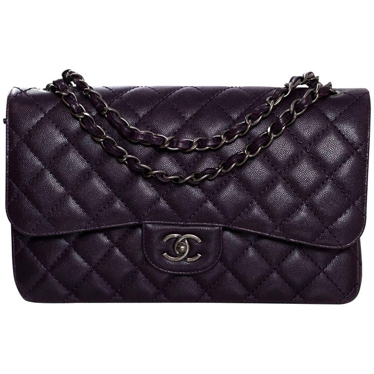 Chanel 2016 Dark Purple Quilted Caviar Jumbo Classic Double Flap Bag w/ Box  For Sale at 1stDibs